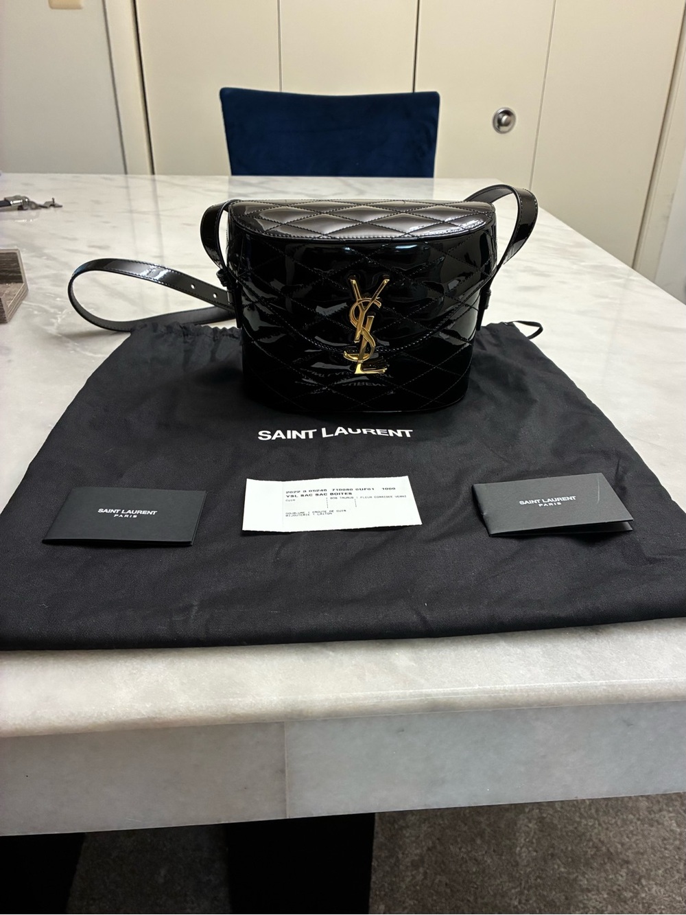 Saint Laurent Black Patent Quilted Round Camera Bag with Gold YSL